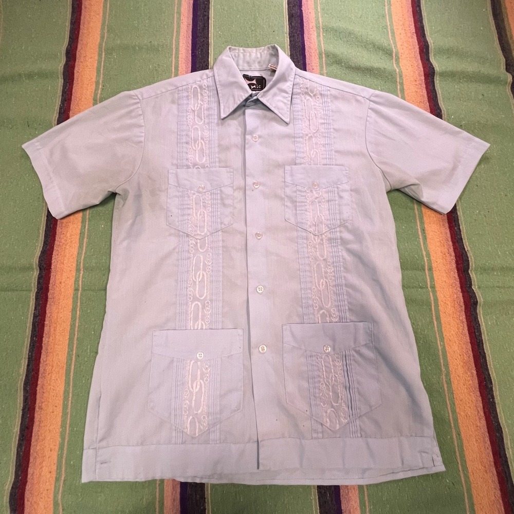 Mic Guayabera Shirt Mens Small Light Blue Short Sleeve Embroidered Mexican Retro